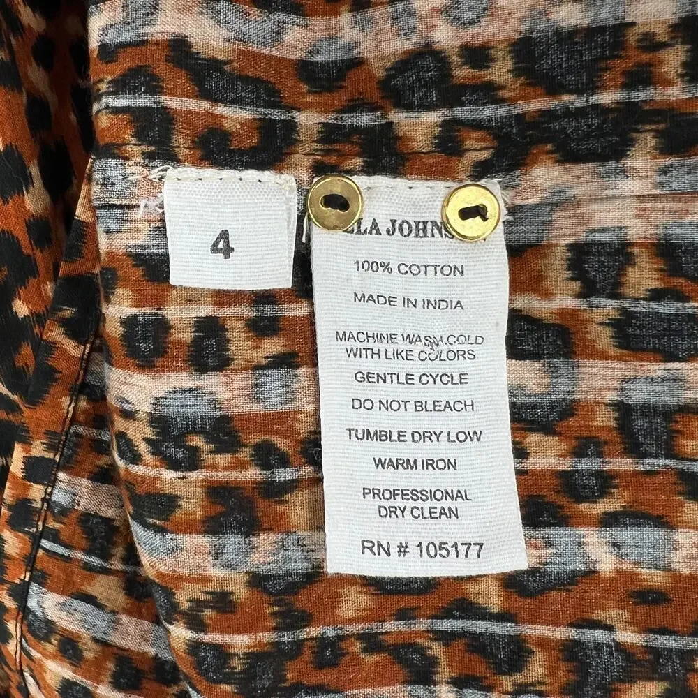 ULLA JOHNSON Vesna Blouse Womens 4 Brown Black Leopard Print Cotton Puff Sleeve